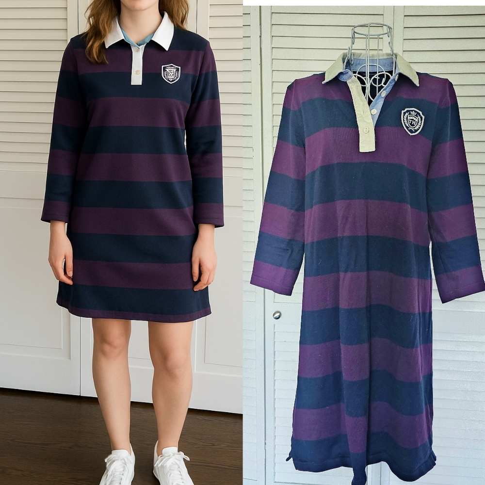 Tommy Hilfiger Purple and Navy Striped Rugby Dress Size L Colorblock 3/4 Sleeves